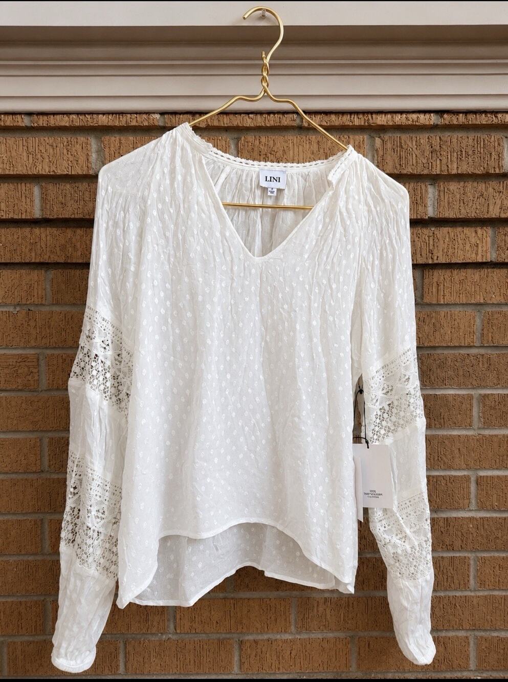 Lini SASHA boho dot pattern top WHITE Small Blouse Romantic Resort Wear Feminine